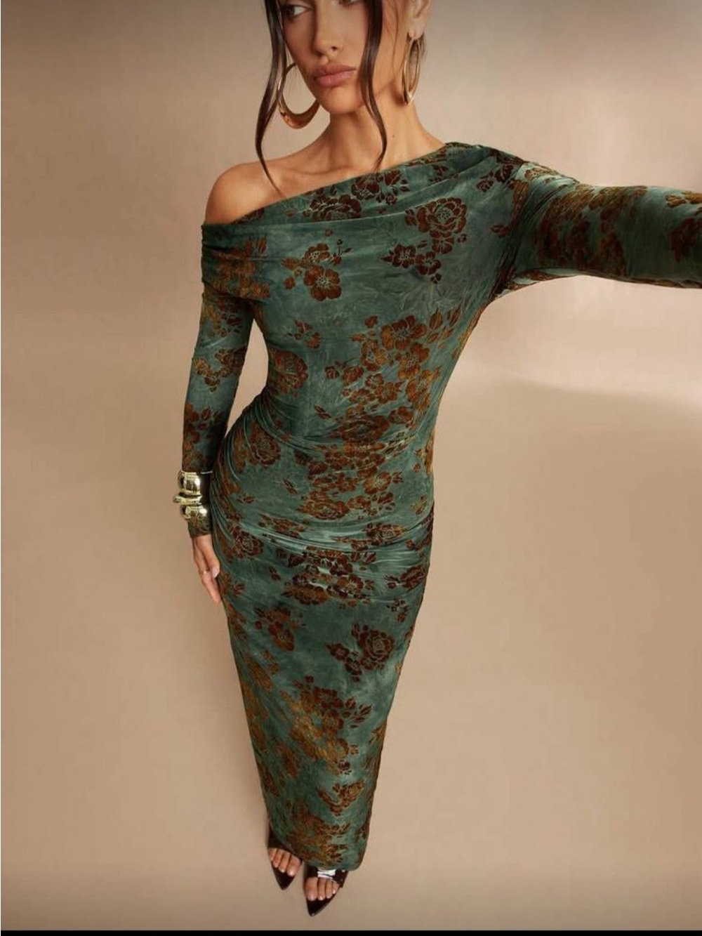 Off-Shoulder Floral Bodycon Maxi Dress in Teal Green